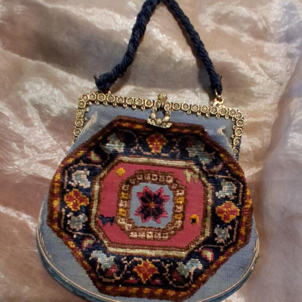 Antique/Vintage 1900's Small Carpet bag with Filigree Brass Fittings